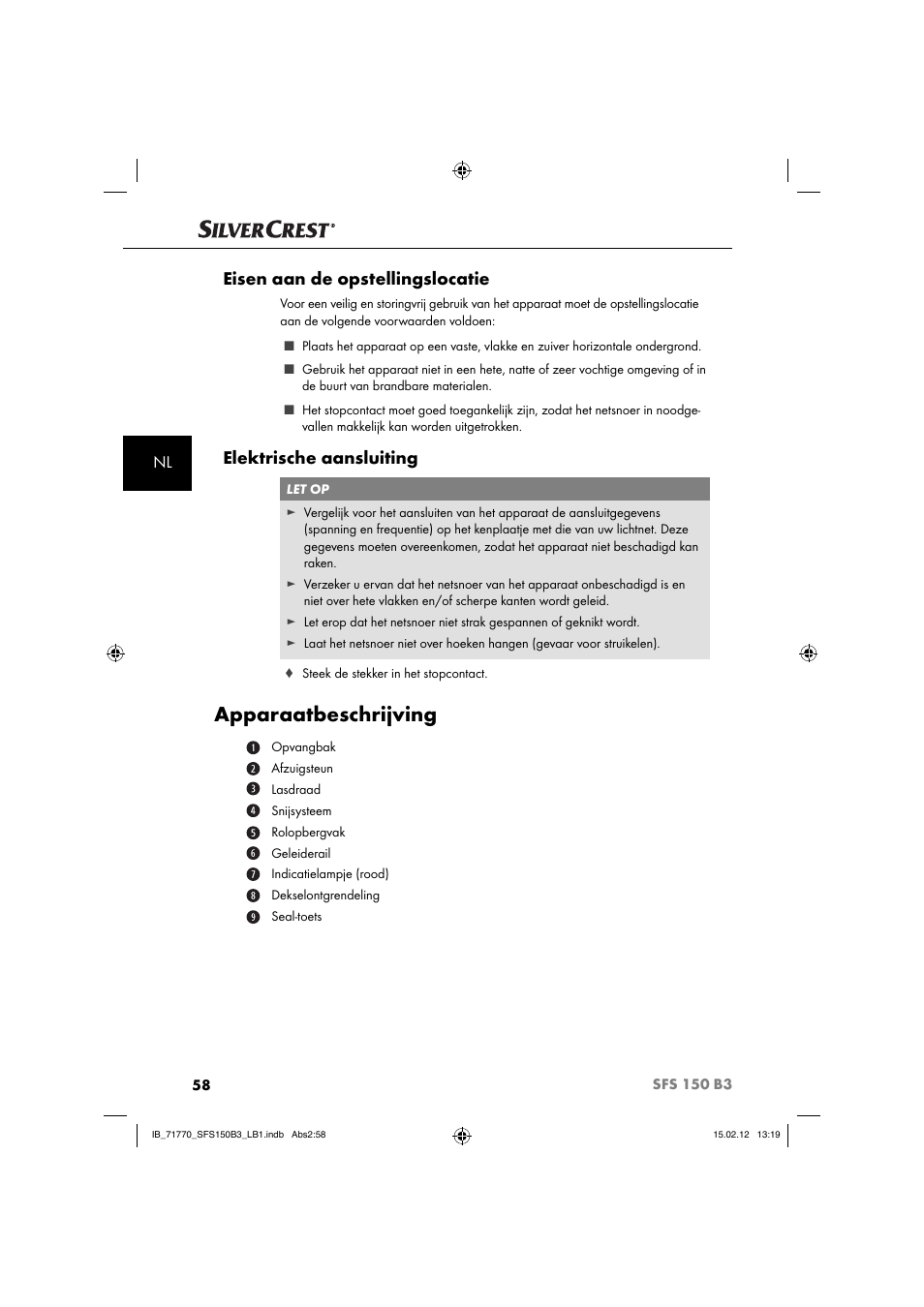 Apparaatbeschrijving, Eisen aan de opstellingslocatie, Elektrische aansluiting | Silvercrest SFS 150 B3 User Manual | Page 60 / 86