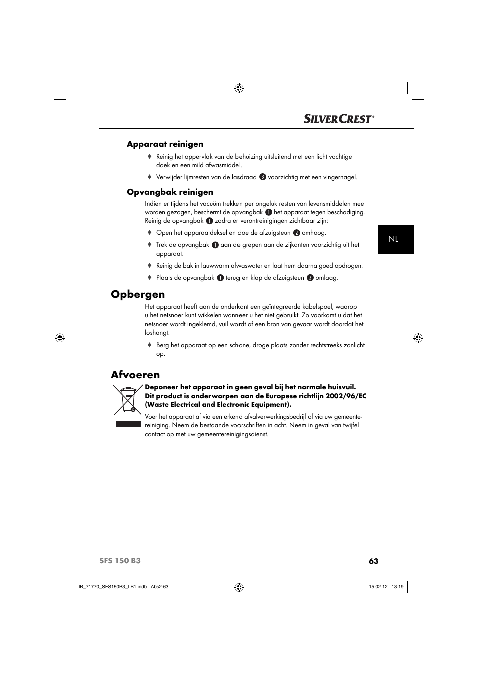Opbergen, Afvoeren, Nl apparaat reinigen | Opvangbak reinigen | Silvercrest SFS 150 B3 User Manual | Page 65 / 86