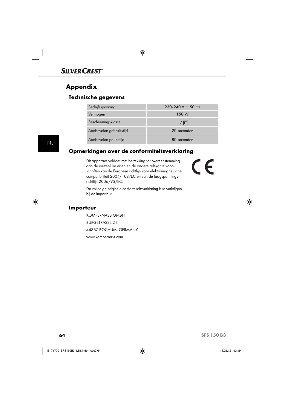 Appendix, Technische gegevens, Opmerkingen over de conformiteitsverklaring | Importeur | Silvercrest SFS 150 B3 User Manual | Page 66 / 86