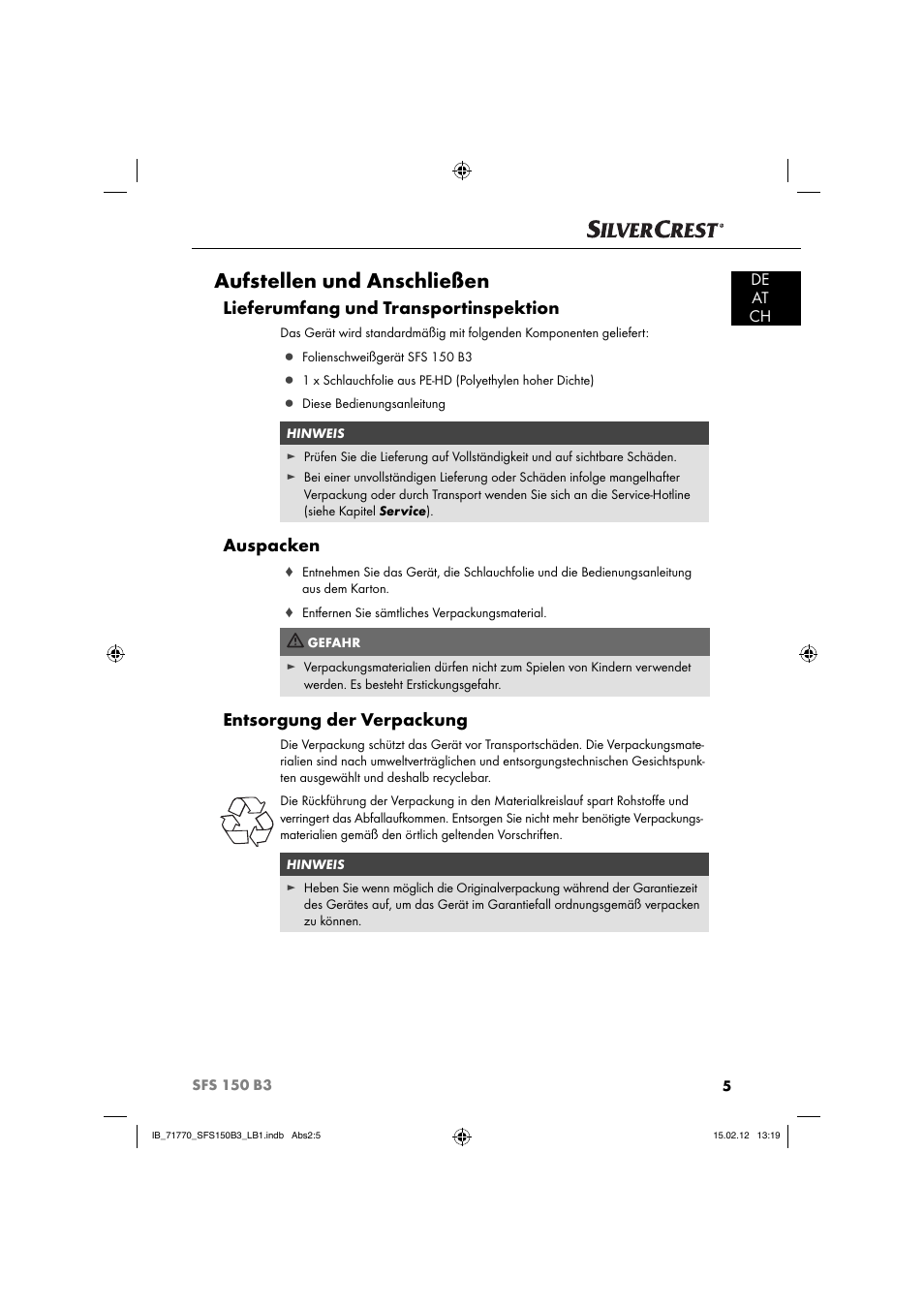 Aufstellen und anschließen, Lieferumfang und transportinspektion, Auspacken | Entsorgung der verpackung, De at ch | Silvercrest SFS 150 B3 User Manual | Page 7 / 86