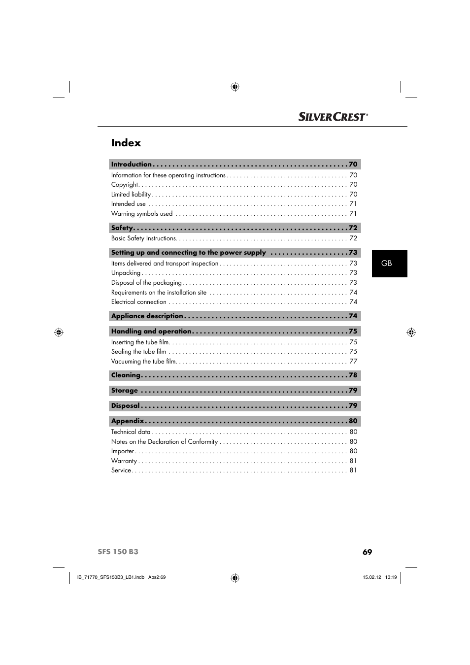 Index | Silvercrest SFS 150 B3 User Manual | Page 71 / 86