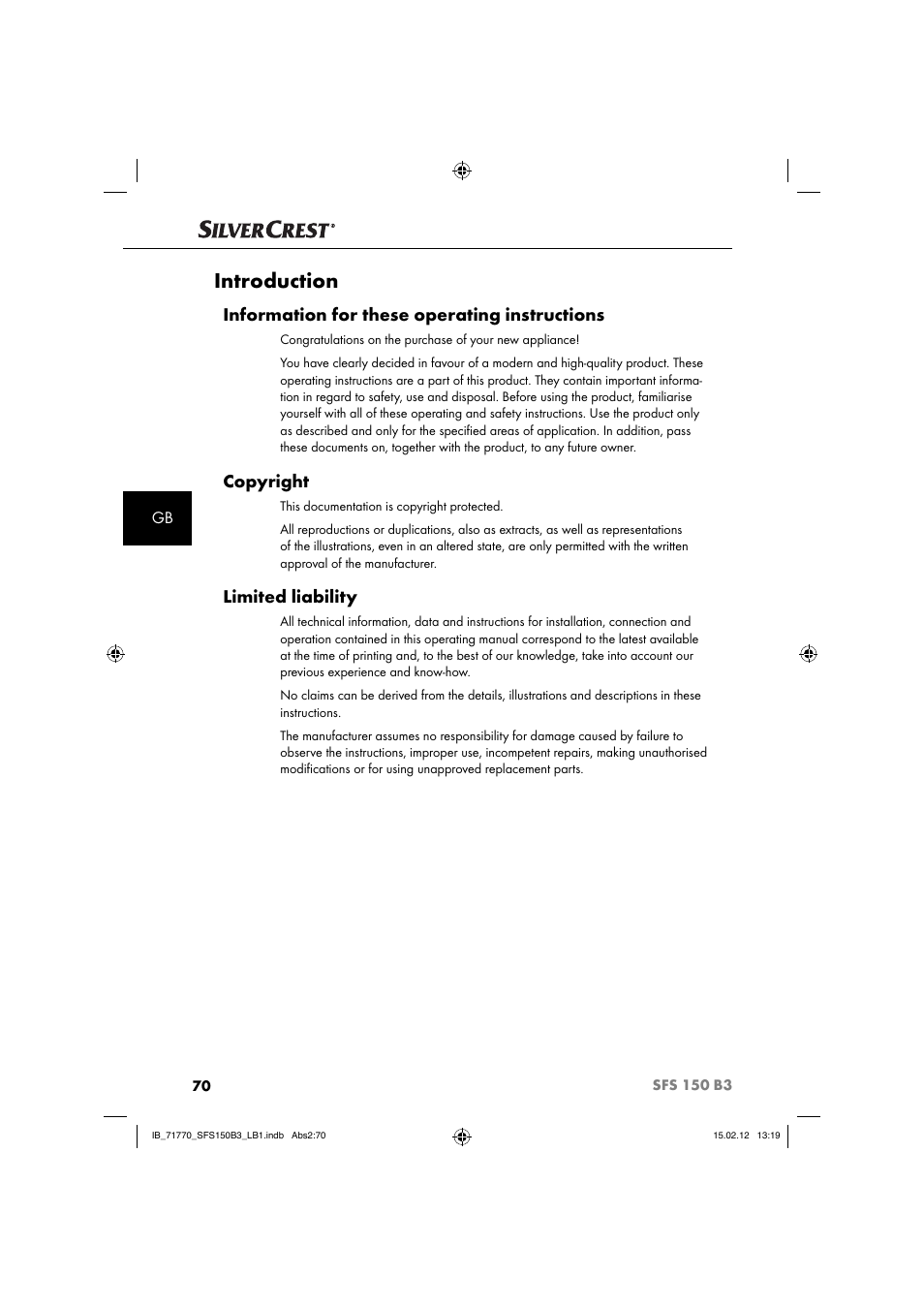 Introduction, Information for these operating instructions, Copyright | Limited liability | Silvercrest SFS 150 B3 User Manual | Page 72 / 86