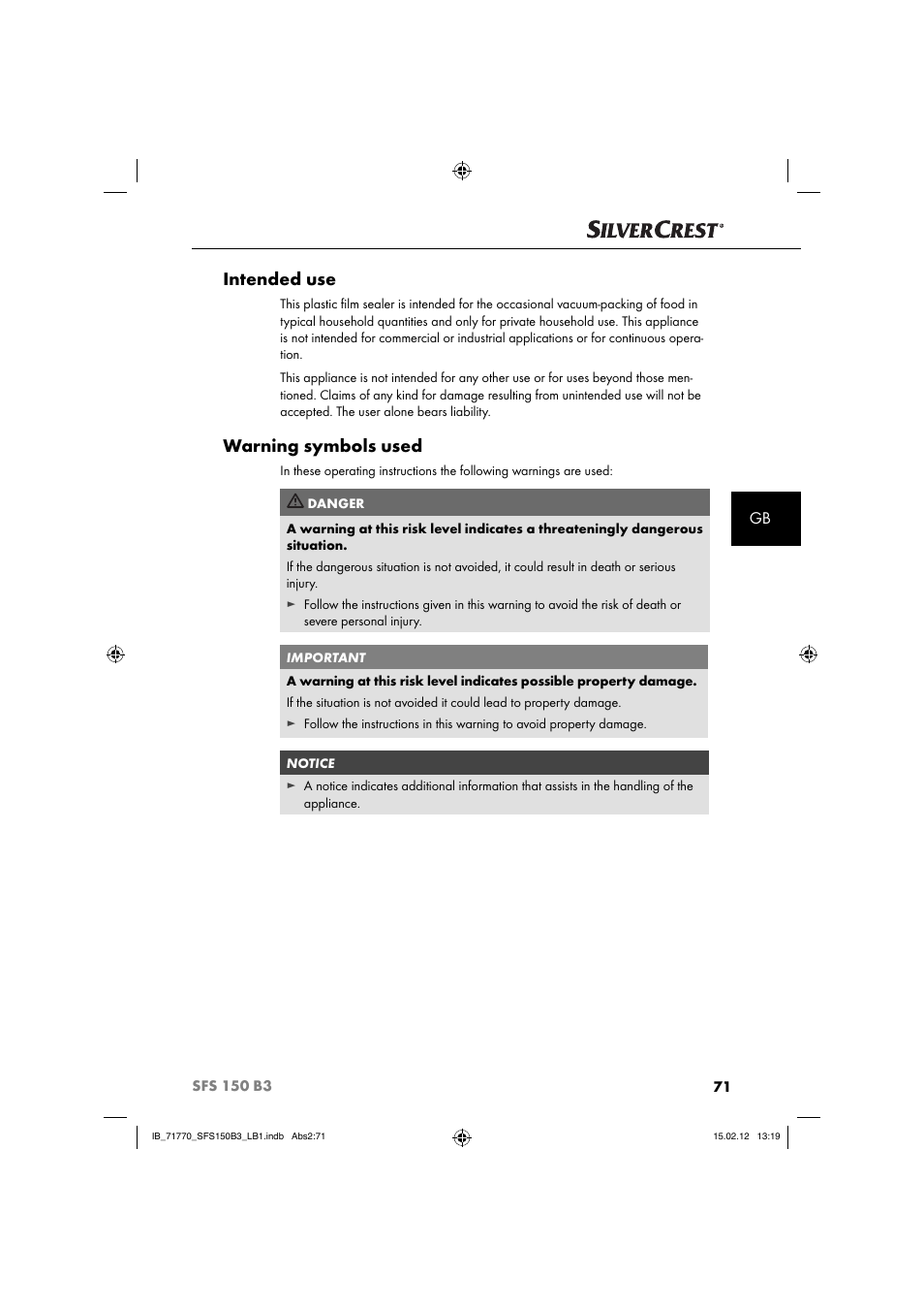 Intended use, Warning symbols used | Silvercrest SFS 150 B3 User Manual | Page 73 / 86