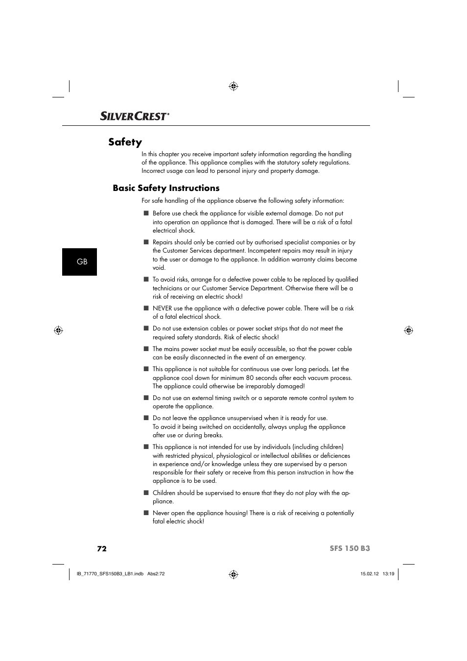 Safety, Basic safety instructions | Silvercrest SFS 150 B3 User Manual | Page 74 / 86