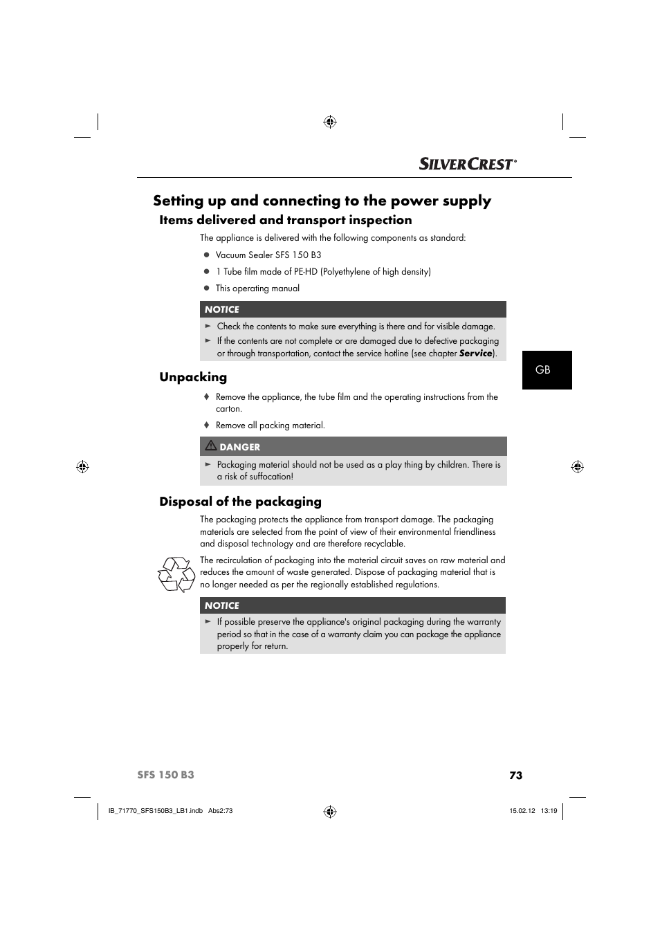 Setting up and connecting to the power supply, Items delivered and transport inspection, Unpacking | Disposal of the packaging | Silvercrest SFS 150 B3 User Manual | Page 75 / 86