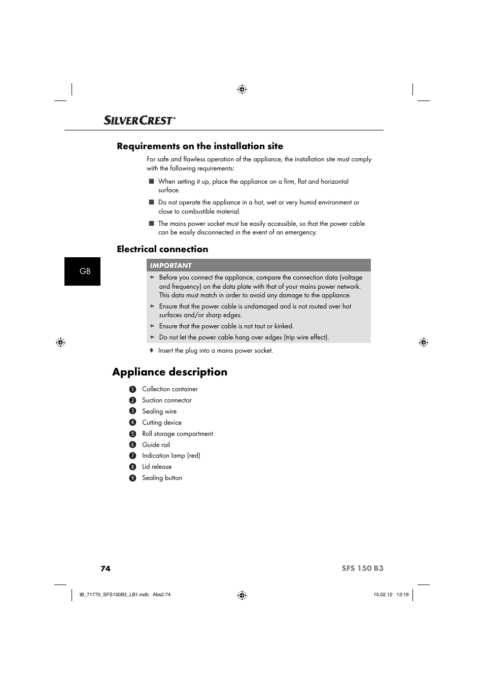Appliance description, Requirements on the installation site, Electrical connection | Silvercrest SFS 150 B3 User Manual | Page 76 / 86