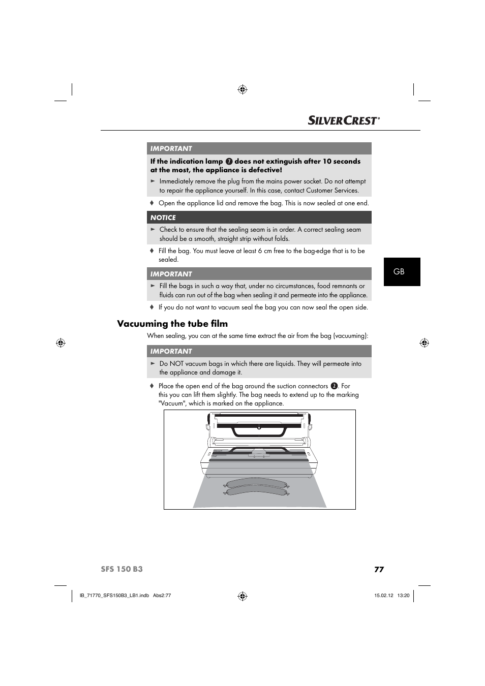 Vacuuming the tube ﬁ lm | Silvercrest SFS 150 B3 User Manual | Page 79 / 86