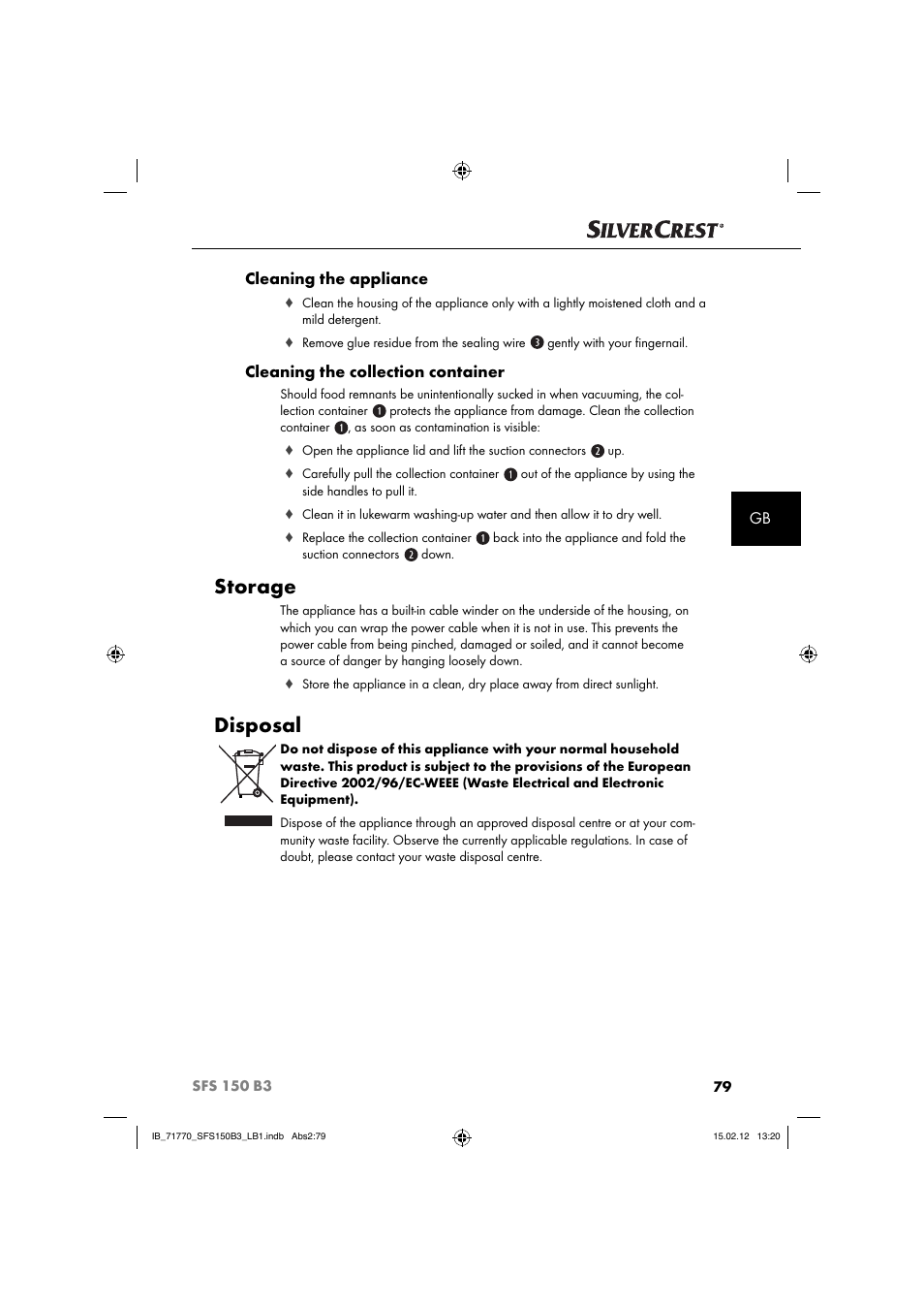 Storage, Disposal, Gb cleaning the appliance | Cleaning the collection container | Silvercrest SFS 150 B3 User Manual | Page 81 / 86