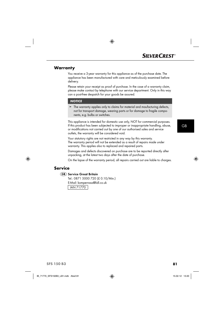 Warranty, Service | Silvercrest SFS 150 B3 User Manual | Page 83 / 86