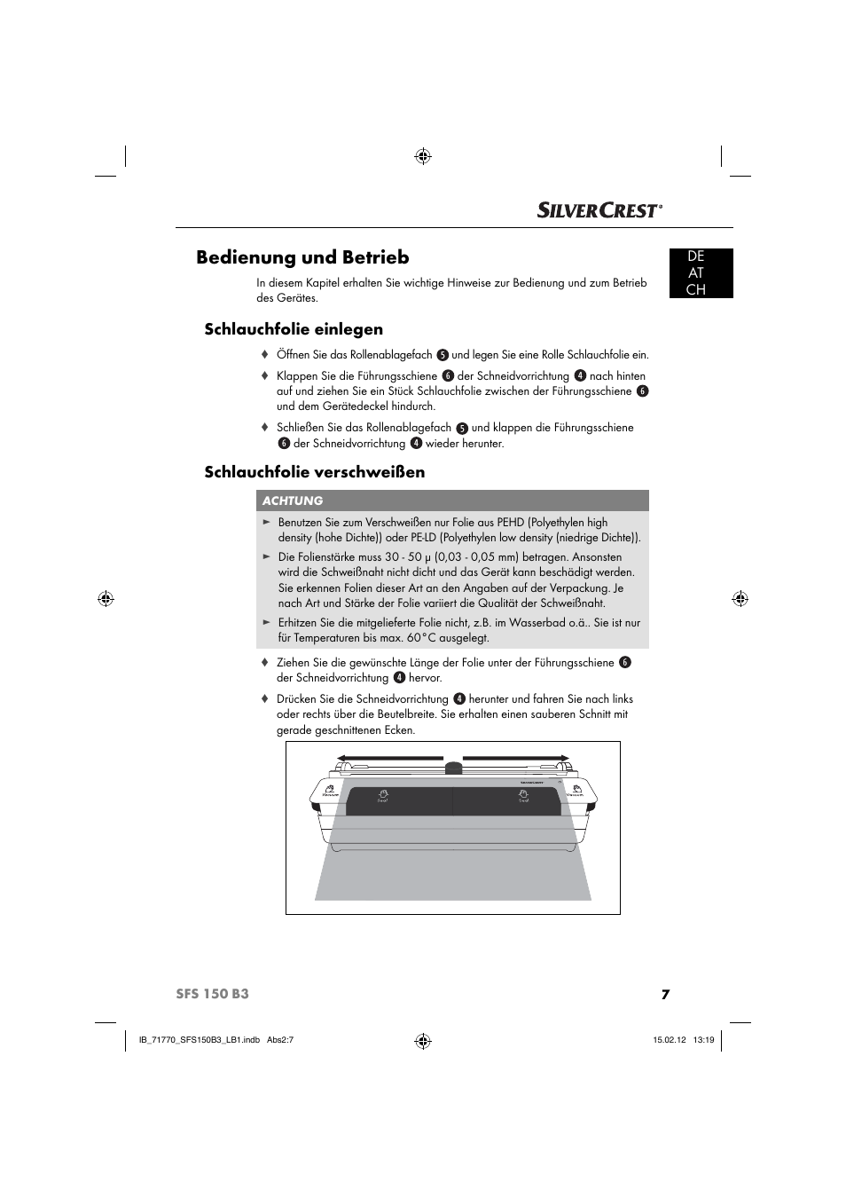 Bedienung und betrieb, Schlauchfolie einlegen, Schlauchfolie verschweißen | De at ch | Silvercrest SFS 150 B3 User Manual | Page 9 / 86