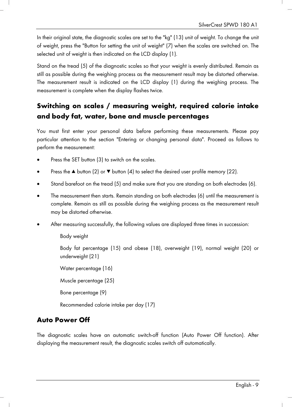 Auto power off | Silvercrest SPWD 180 A1 User Manual | Page 11 / 82