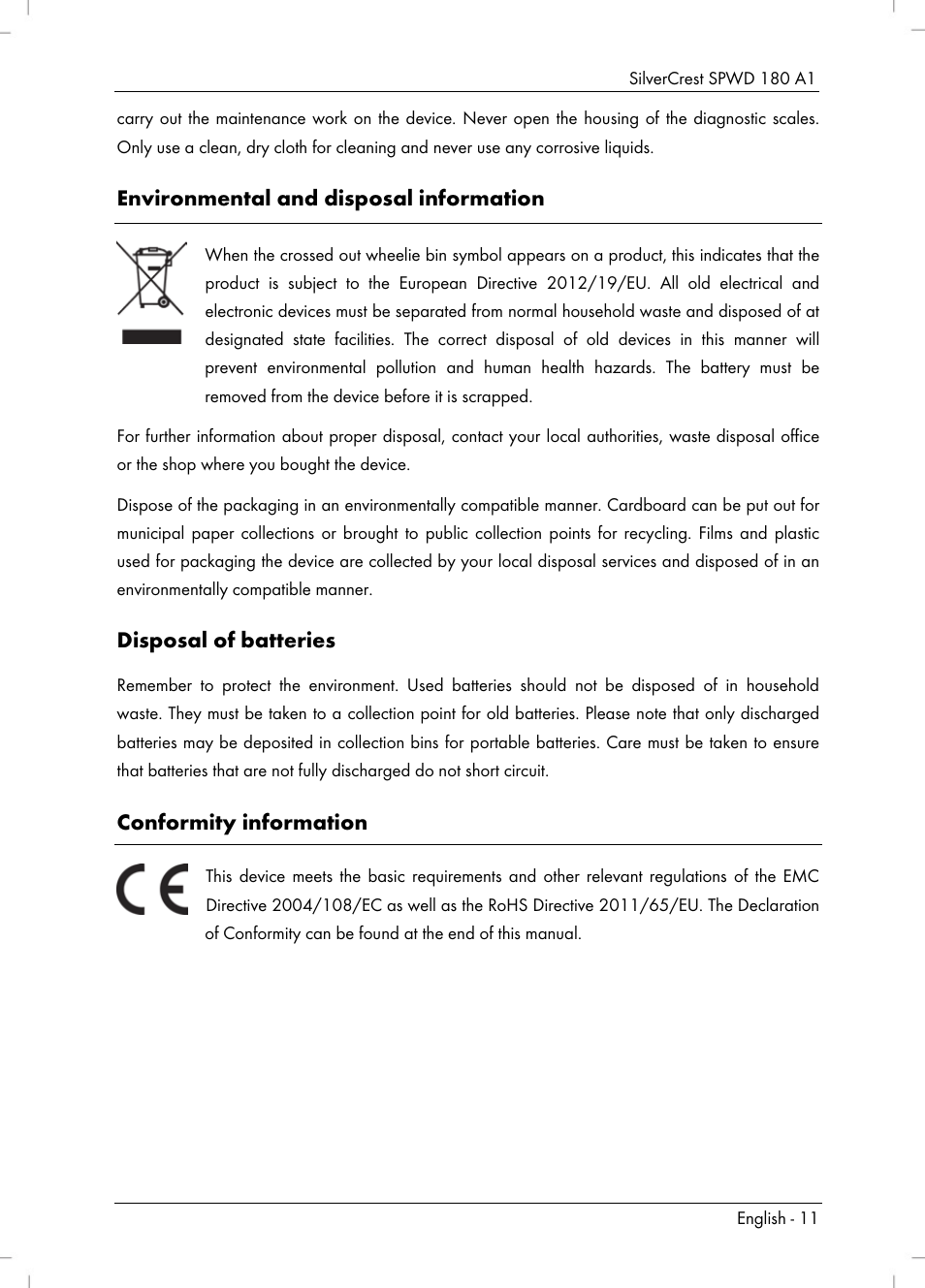 Environmental and disposal information, Disposal of batteries, Conformity information | Silvercrest SPWD 180 A1 User Manual | Page 13 / 82