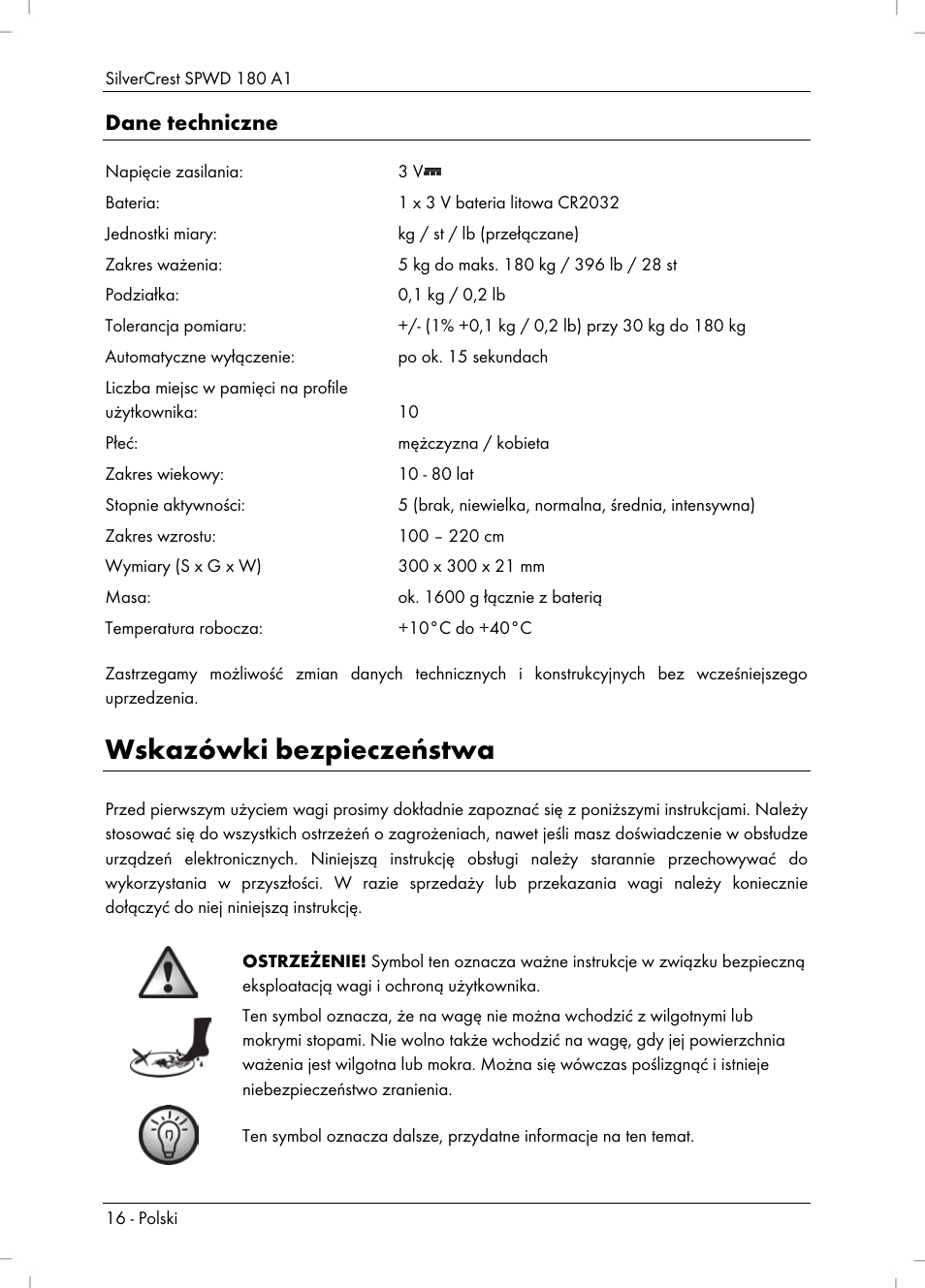 Wskazówki bezpieczeństwa, Dane techniczne | Silvercrest SPWD 180 A1 User Manual | Page 18 / 82