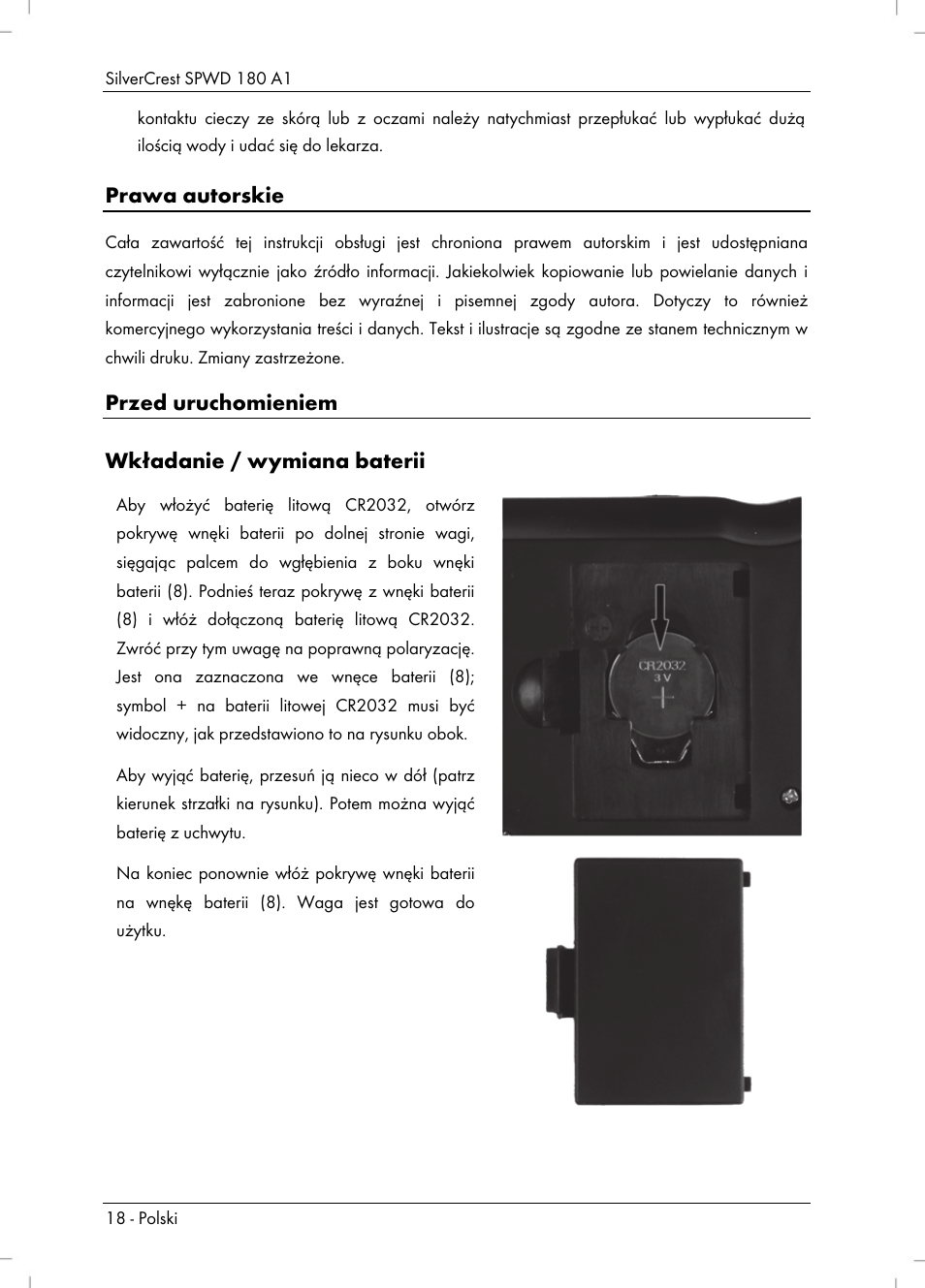 Prawa autorskie, Przed uruchomieniem wkładanie / wymiana baterii | Silvercrest SPWD 180 A1 User Manual | Page 20 / 82