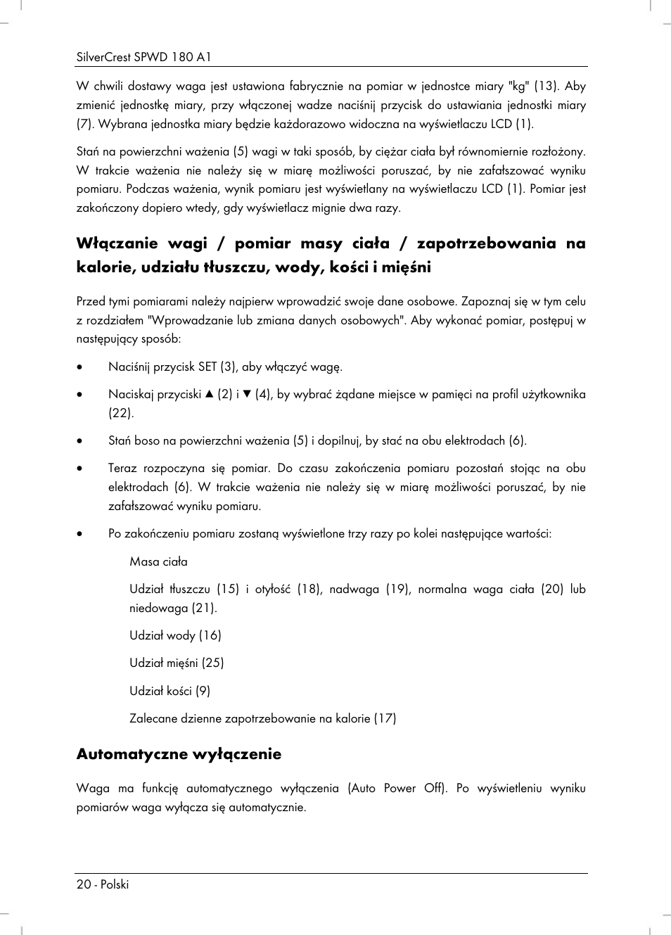 Automatyczne wyłączenie | Silvercrest SPWD 180 A1 User Manual | Page 22 / 82