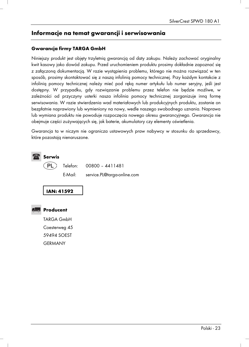 Informacje na temat gwarancji i serwisowania | Silvercrest SPWD 180 A1 User Manual | Page 25 / 82