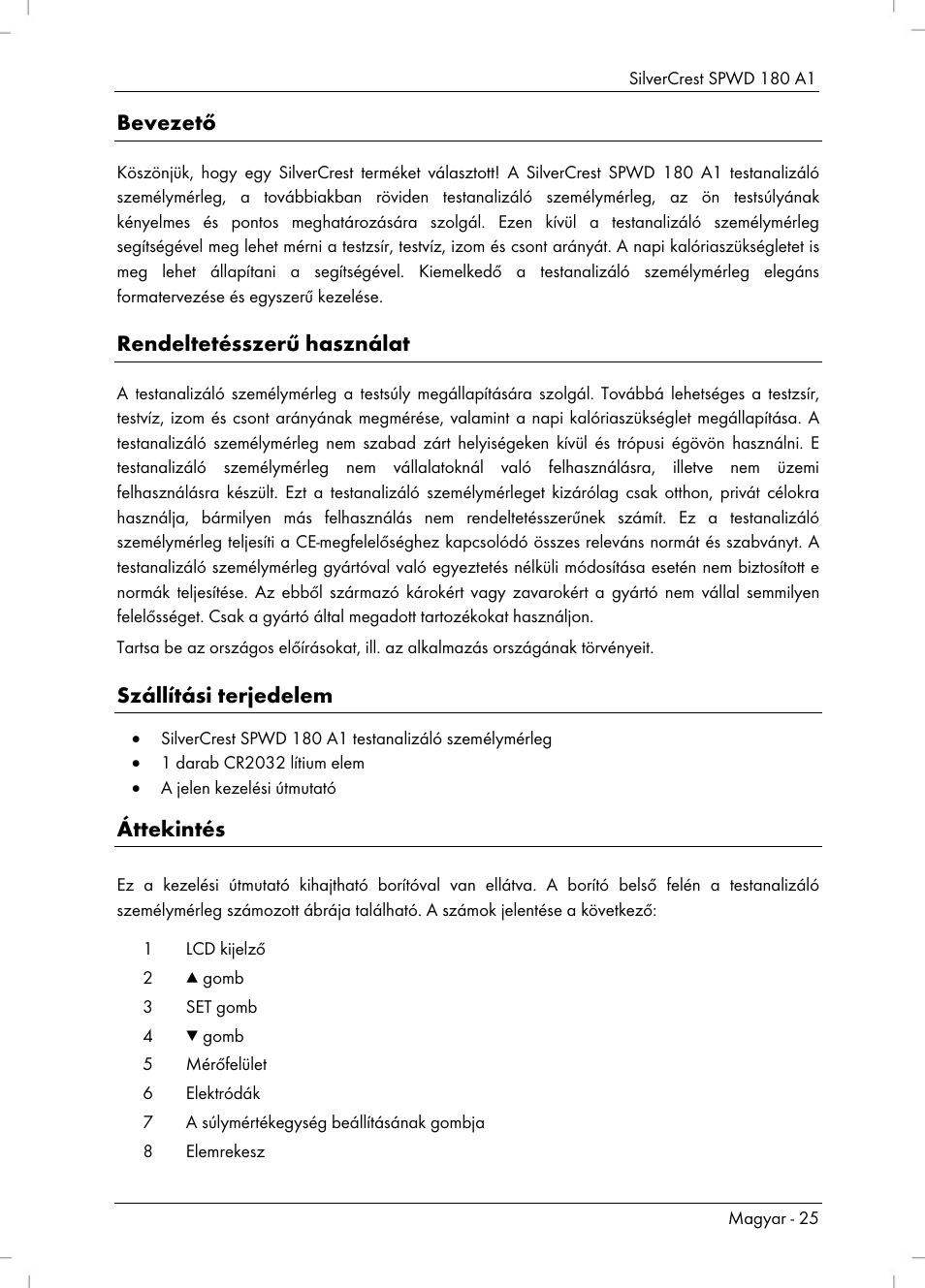 Bevezető, Rendeltetésszerű használat, Szállítási terjedelem | Áttekintés | Silvercrest SPWD 180 A1 User Manual | Page 27 / 82