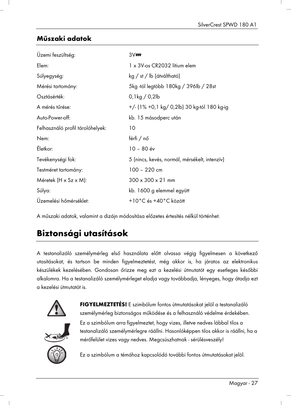 Biztonsági utasítások, Műszaki adatok | Silvercrest SPWD 180 A1 User Manual | Page 29 / 82