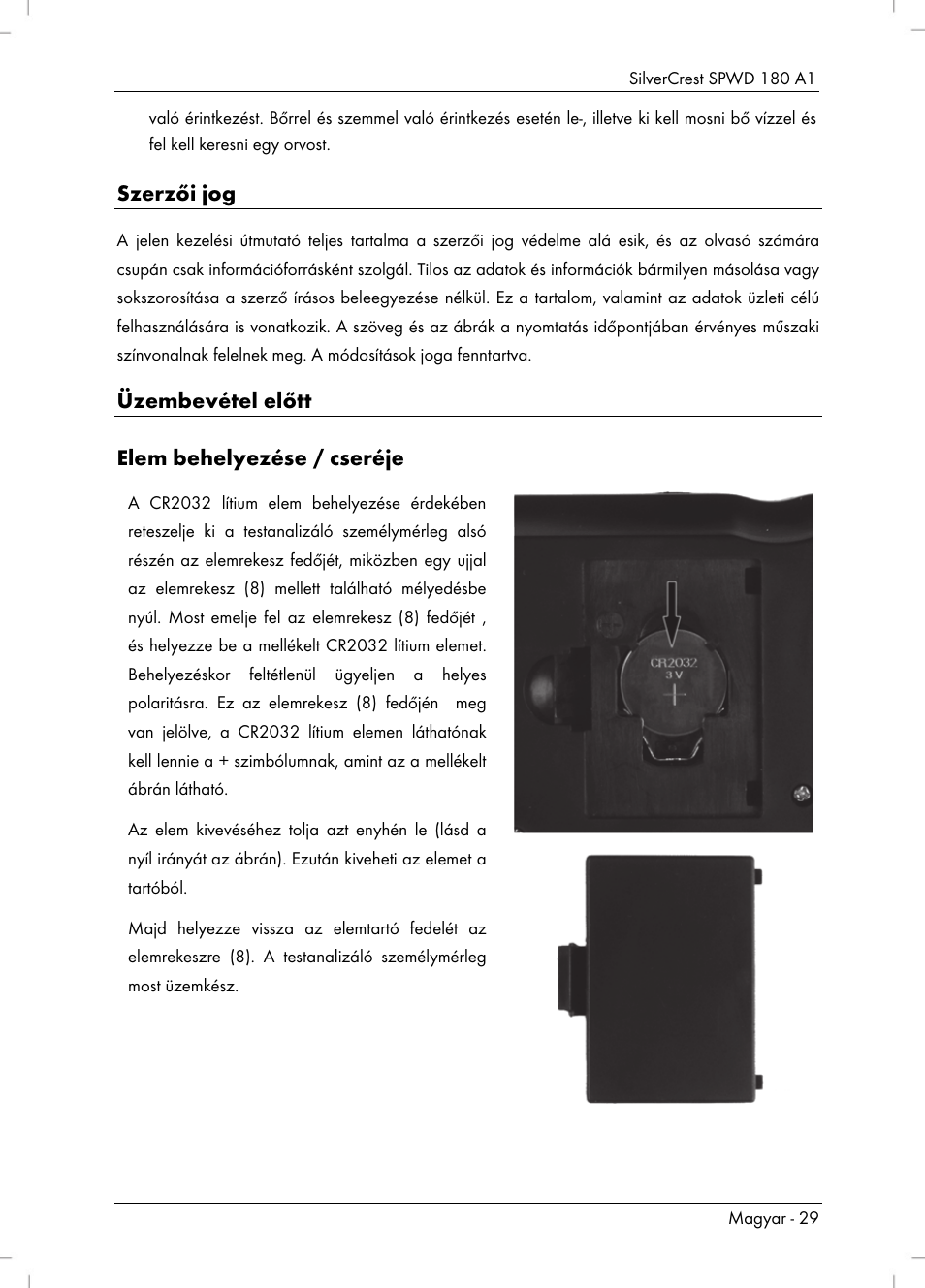 Szerzői jog, Üzembevétel előtt elem behelyezése / cseréje | Silvercrest SPWD 180 A1 User Manual | Page 31 / 82