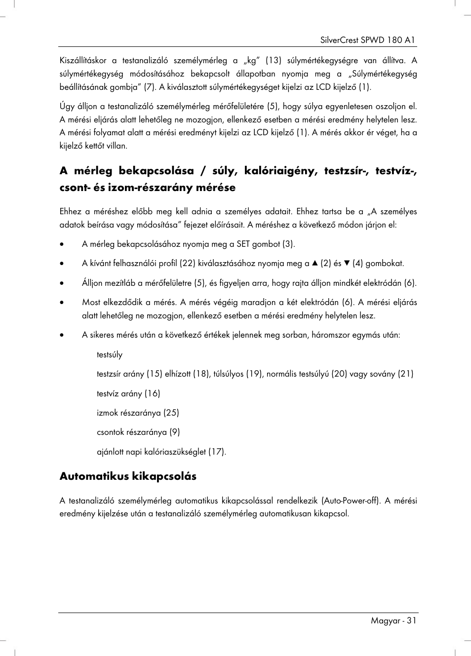 Automatikus kikapcsolás | Silvercrest SPWD 180 A1 User Manual | Page 33 / 82