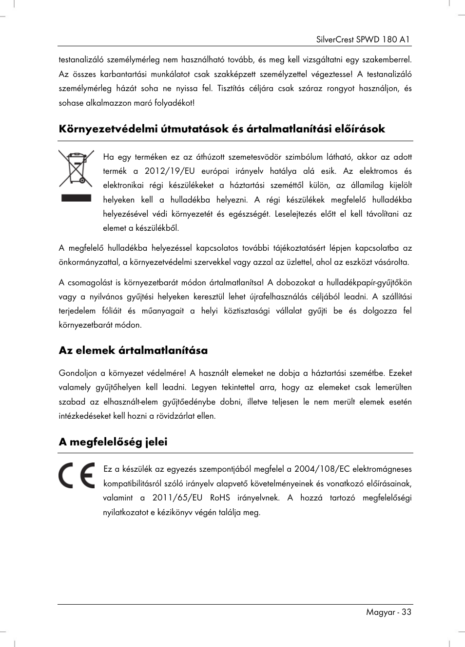 Az elemek ártalmatlanítása, A megfelelőség jelei | Silvercrest SPWD 180 A1 User Manual | Page 35 / 82