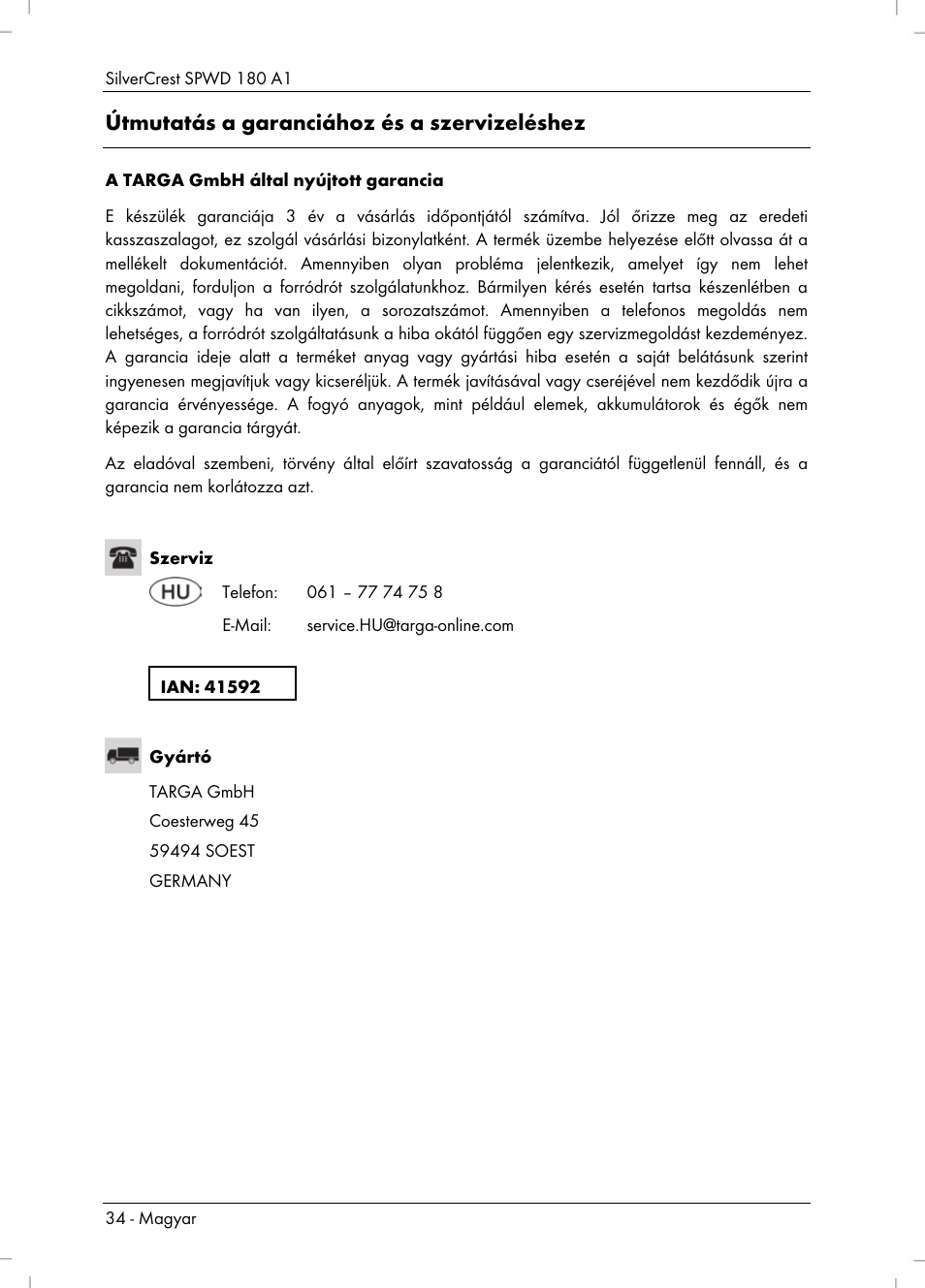 Útmutatás a garanciához és a szervizeléshez | Silvercrest SPWD 180 A1 User Manual | Page 36 / 82