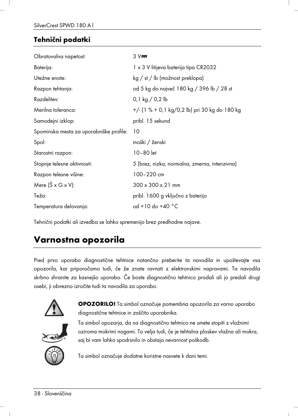 Varnostna opozorila, Tehnični podatki | Silvercrest SPWD 180 A1 User Manual | Page 40 / 82