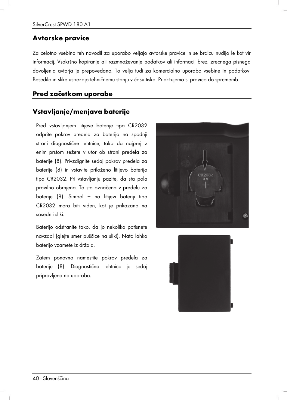 Avtorske pravice, Pred začetkom uporabe vstavljanje/menjava baterije | Silvercrest SPWD 180 A1 User Manual | Page 42 / 82