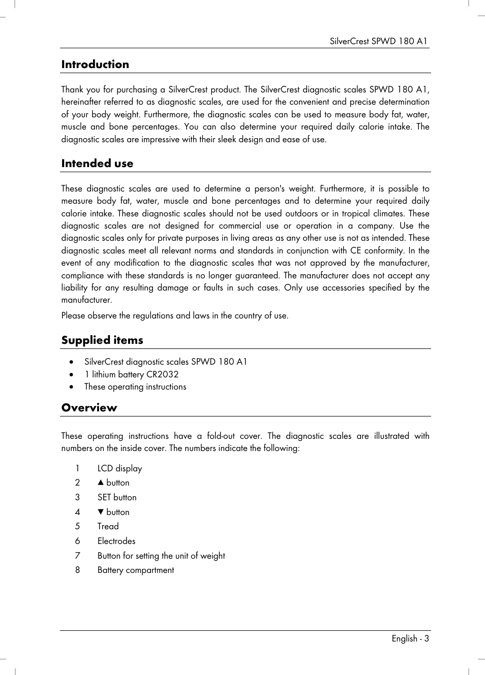 Introduction, Intended use, Supplied items | Overview | Silvercrest SPWD 180 A1 User Manual | Page 5 / 82