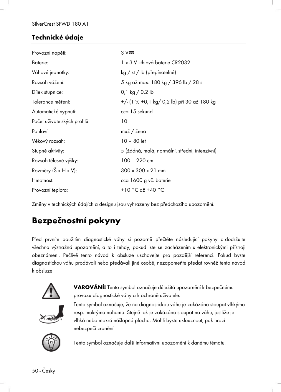 Bezpečnostní pokyny, Technické údaje | Silvercrest SPWD 180 A1 User Manual | Page 52 / 82