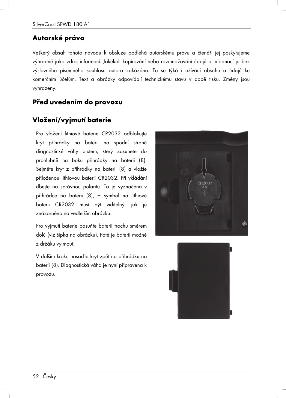 Autorské právo, Před uvedením do provozu vložení/vyjmutí baterie | Silvercrest SPWD 180 A1 User Manual | Page 54 / 82