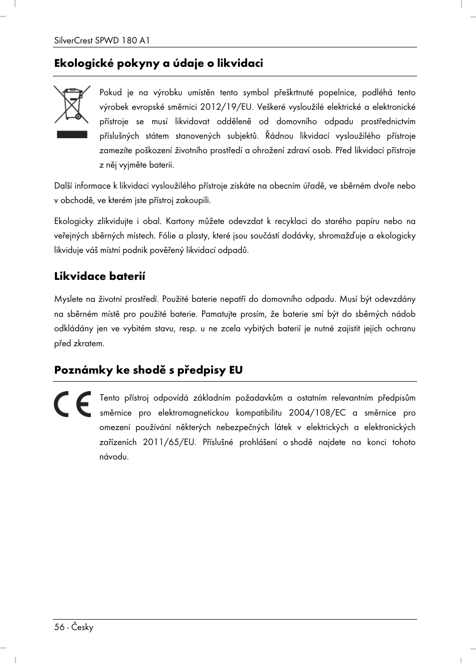 Ekologické pokyny a údaje o likvidaci, Likvidace baterií, Poznámky ke shodě s předpisy eu | Silvercrest SPWD 180 A1 User Manual | Page 58 / 82
