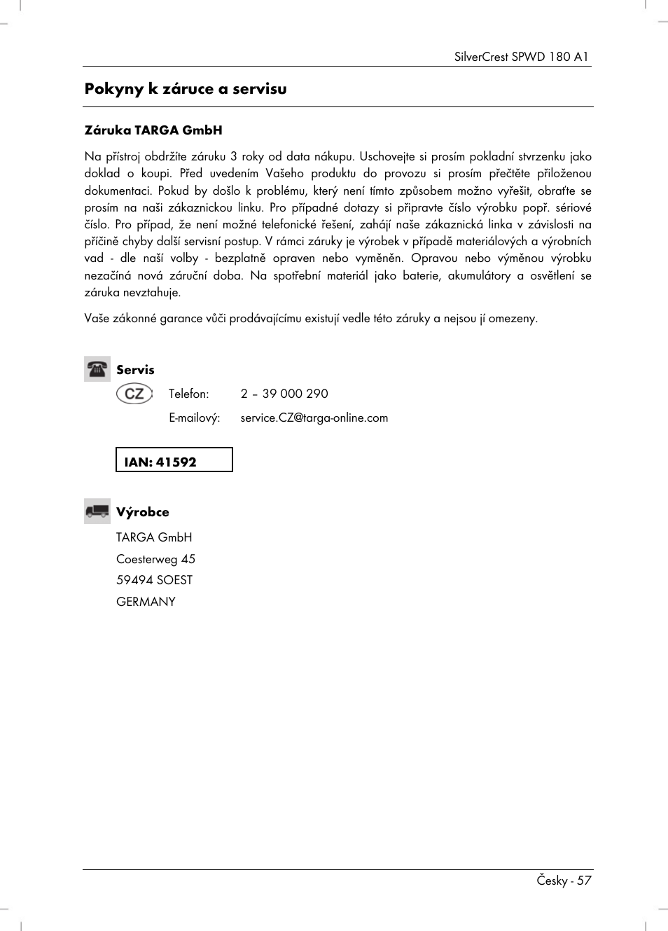 Pokyny k záruce a servisu | Silvercrest SPWD 180 A1 User Manual | Page 59 / 82
