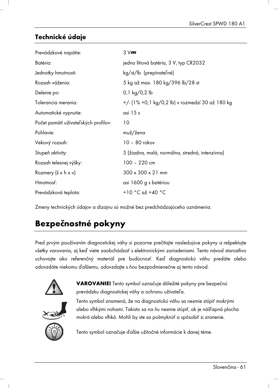 Bezpečnostné pokyny, Technické údaje | Silvercrest SPWD 180 A1 User Manual | Page 63 / 82