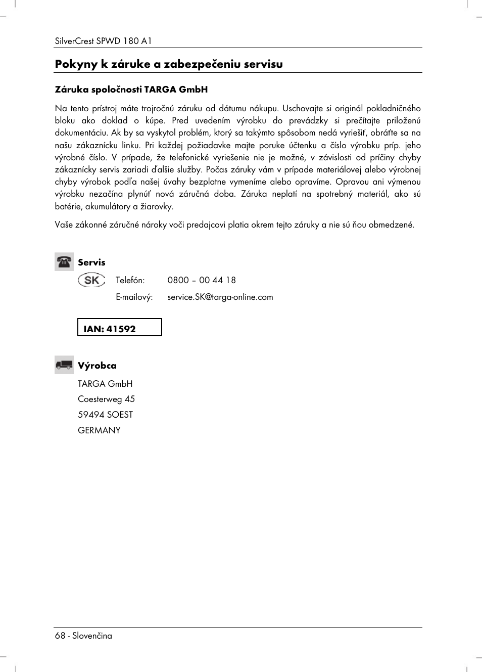 Pokyny k záruke a zabezpečeniu servisu | Silvercrest SPWD 180 A1 User Manual | Page 70 / 82