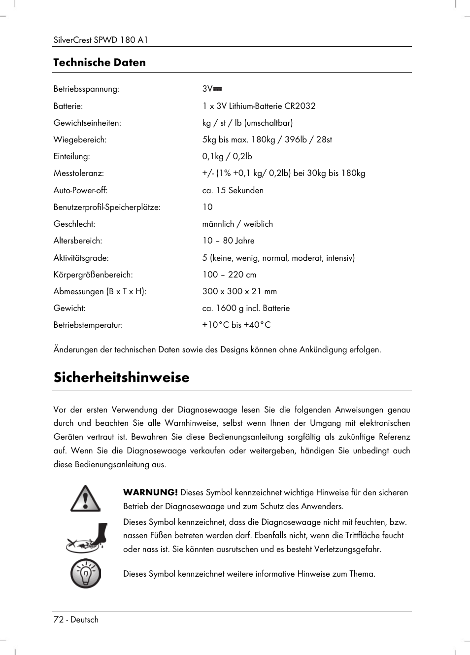Sicherheitshinweise, Technische daten | Silvercrest SPWD 180 A1 User Manual | Page 74 / 82