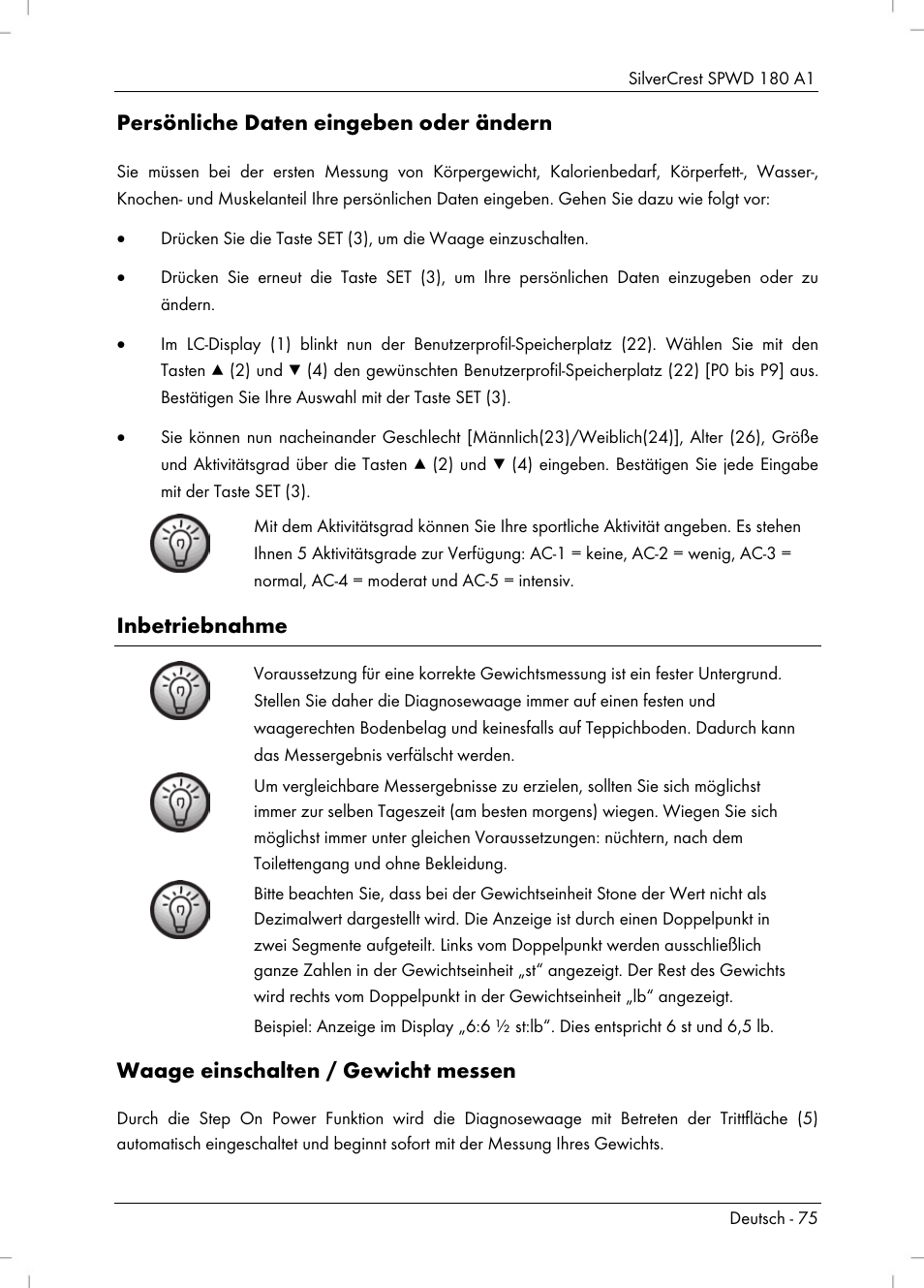 Persönliche daten eingeben oder ändern, Inbetriebnahme, Waage einschalten / gewicht messen | Silvercrest SPWD 180 A1 User Manual | Page 77 / 82