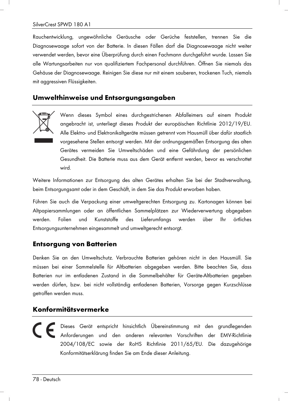 Umwelthinweise und entsorgungsangaben, Entsorgung von batterien, Konformitätsvermerke | Silvercrest SPWD 180 A1 User Manual | Page 80 / 82