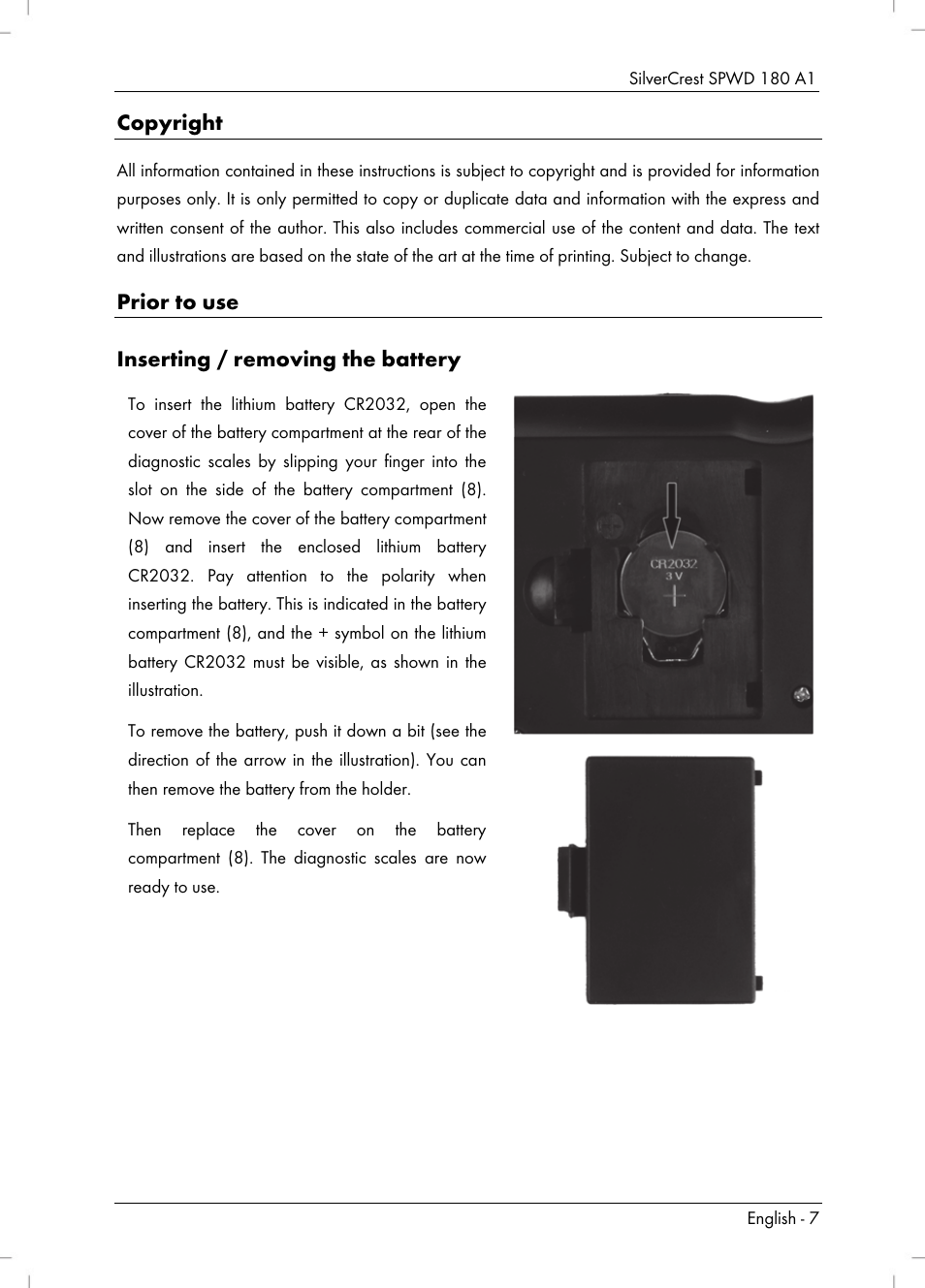 Copyright, Prior to use inserting / removing the battery | Silvercrest SPWD 180 A1 User Manual | Page 9 / 82