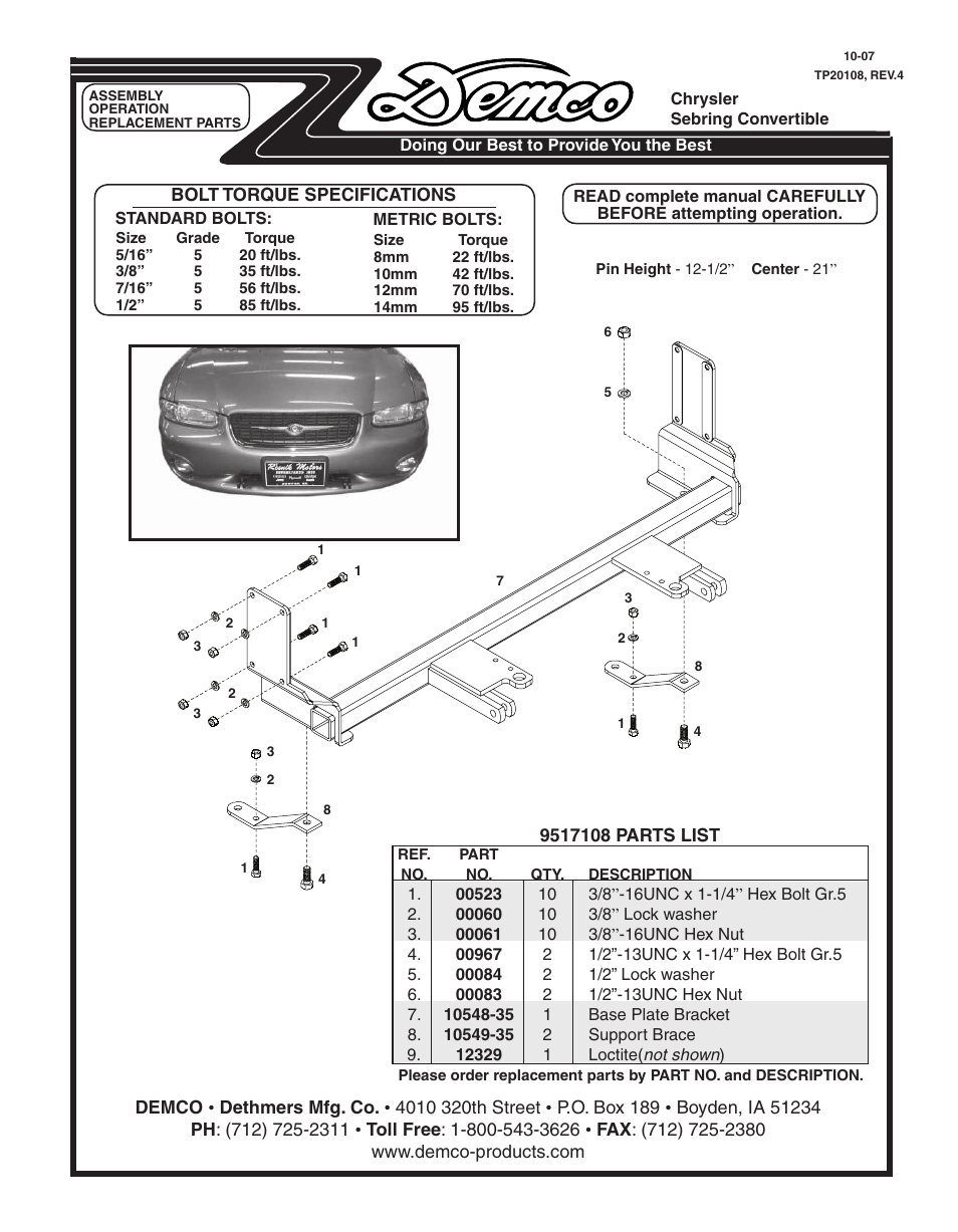 Demco CHRYSLER SEBRING CONVERTIBLE TP20108 User Manual | 8 pages