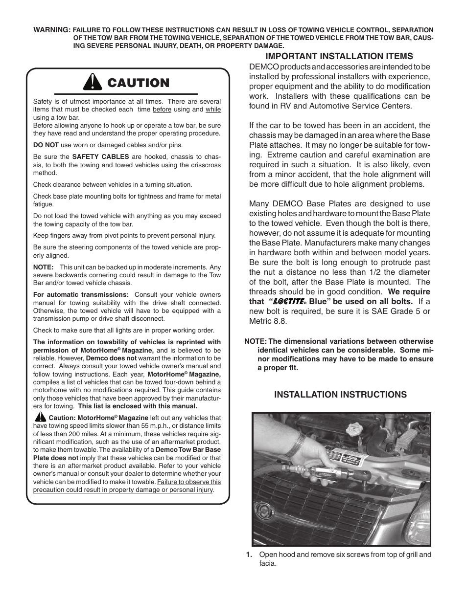 Caution | Demco CHRYSLER SEBRING CONVERTIBLE TP20108 User Manual | Page 2 / 8