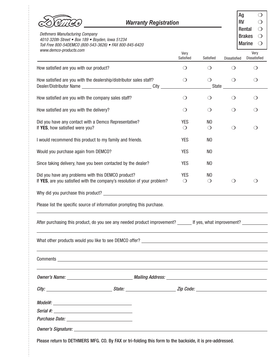 Warranty registration | Demco CHRYSLER SEBRING CONVERTIBLE TP20108 User Manual | Page 5 / 8