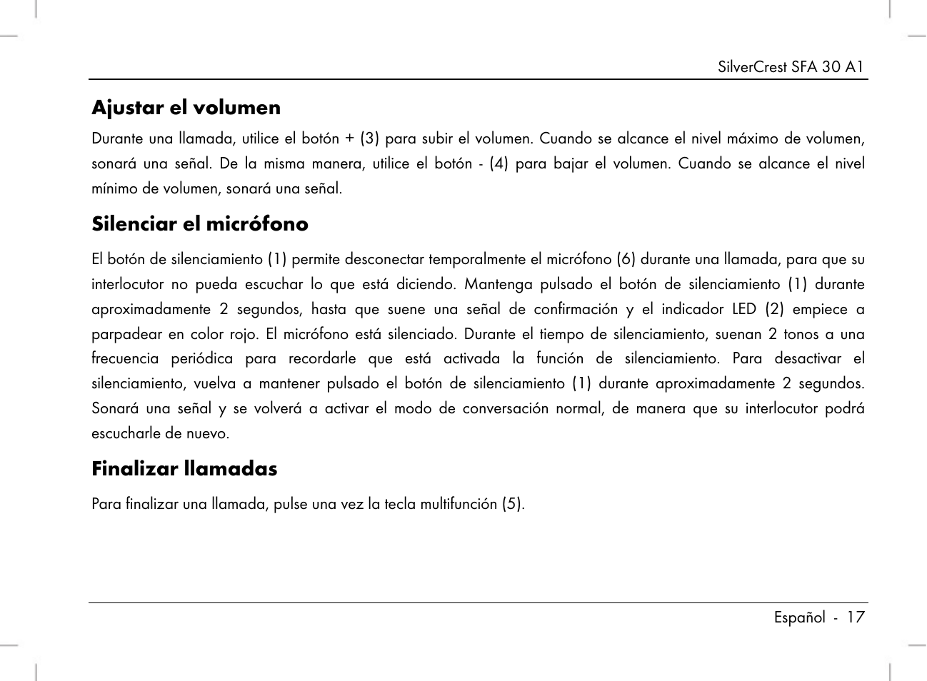 Ajustar el volumen, Silenciar el micrófono, Finalizar llamadas | Silvercrest SFA 30 A1 User Manual | Page 19 / 74