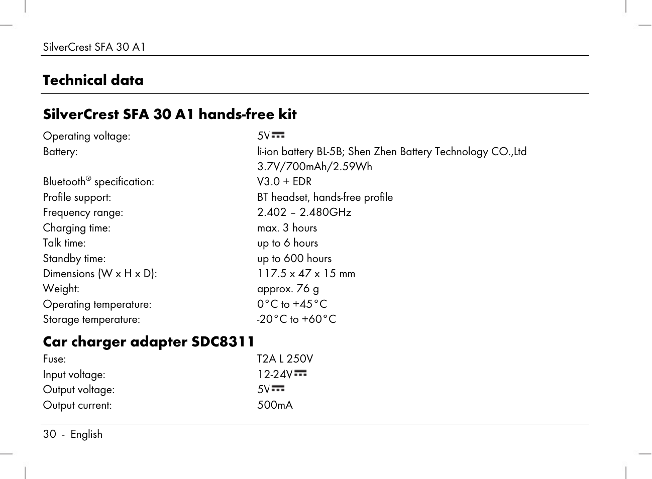 Car charger adapter sdc8311 | Silvercrest SFA 30 A1 User Manual | Page 32 / 74