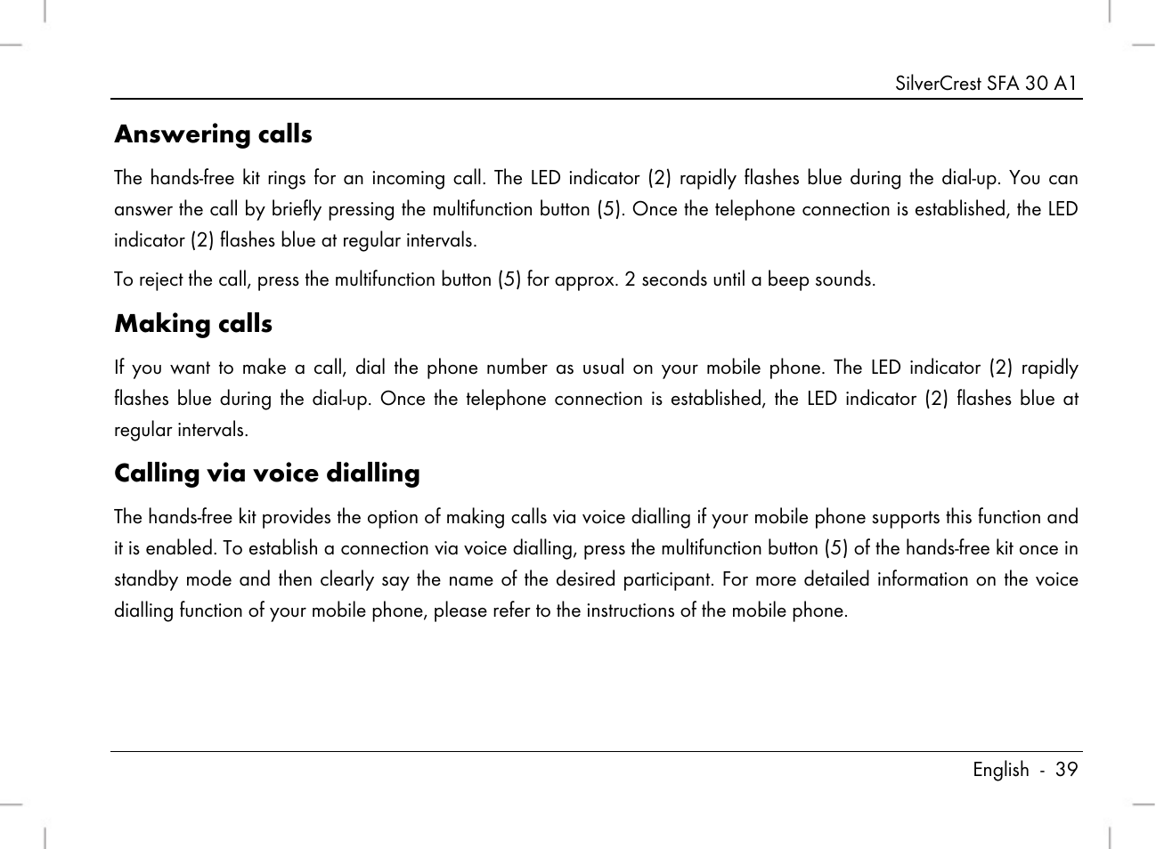 Answering calls, Making calls, Calling via voice dialling | Silvercrest SFA 30 A1 User Manual | Page 41 / 74