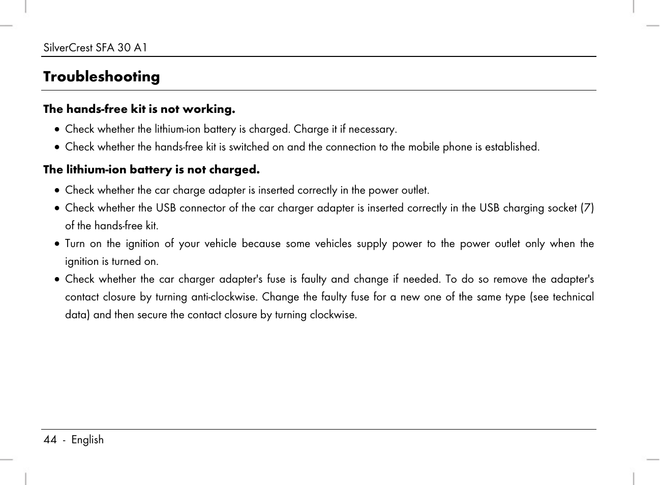 Troubleshooting | Silvercrest SFA 30 A1 User Manual | Page 46 / 74