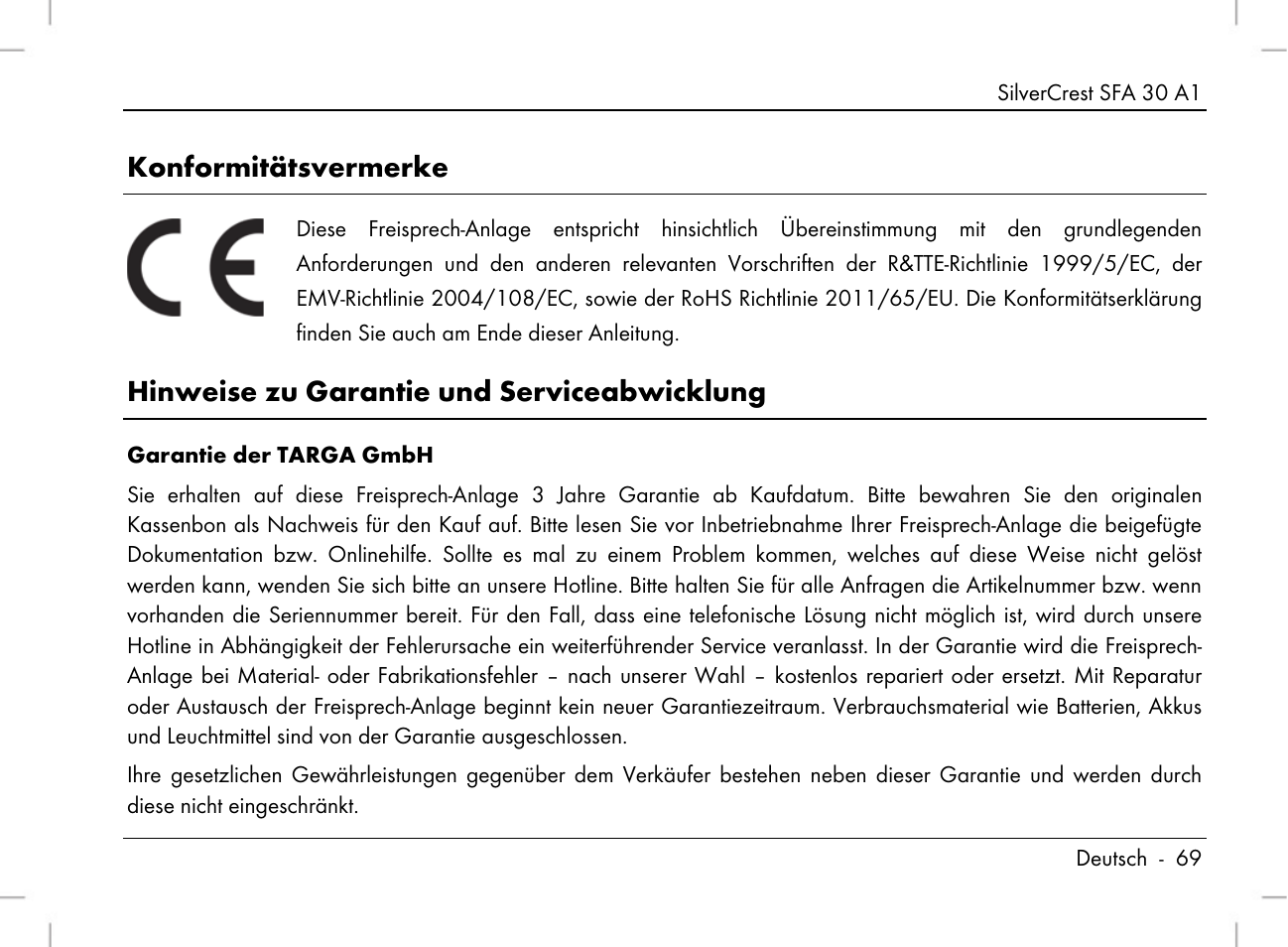 Konformitätsvermerke, Hinweise zu garantie und serviceabwicklung | Silvercrest SFA 30 A1 User Manual | Page 71 / 74