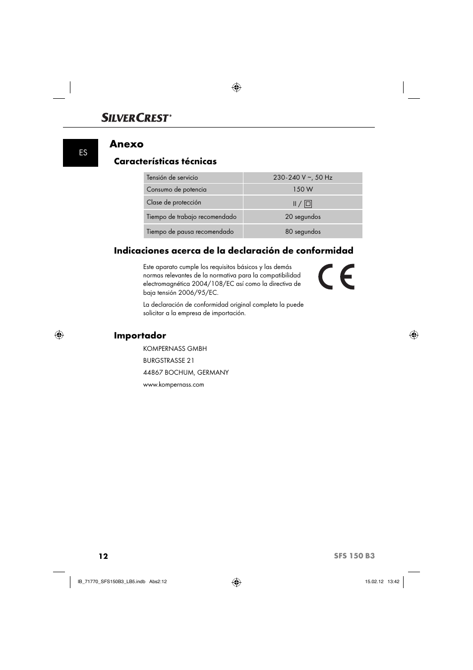 Anexo, Características técnicas, Importador | Silvercrest SFS 150 B3 User Manual | Page 14 / 72