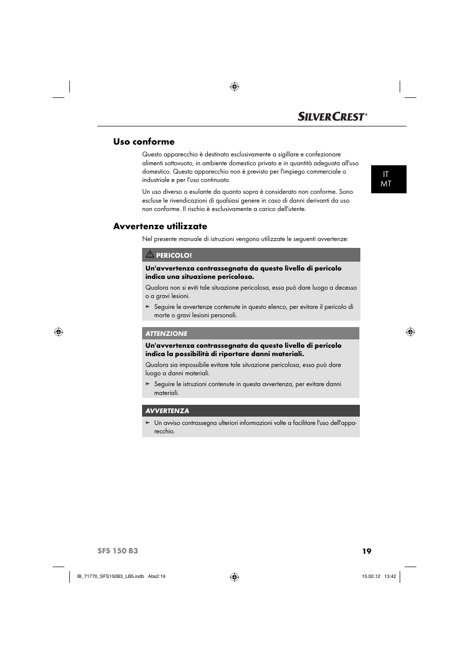 Uso conforme, Avvertenze utilizzate, It mt | Silvercrest SFS 150 B3 User Manual | Page 21 / 72