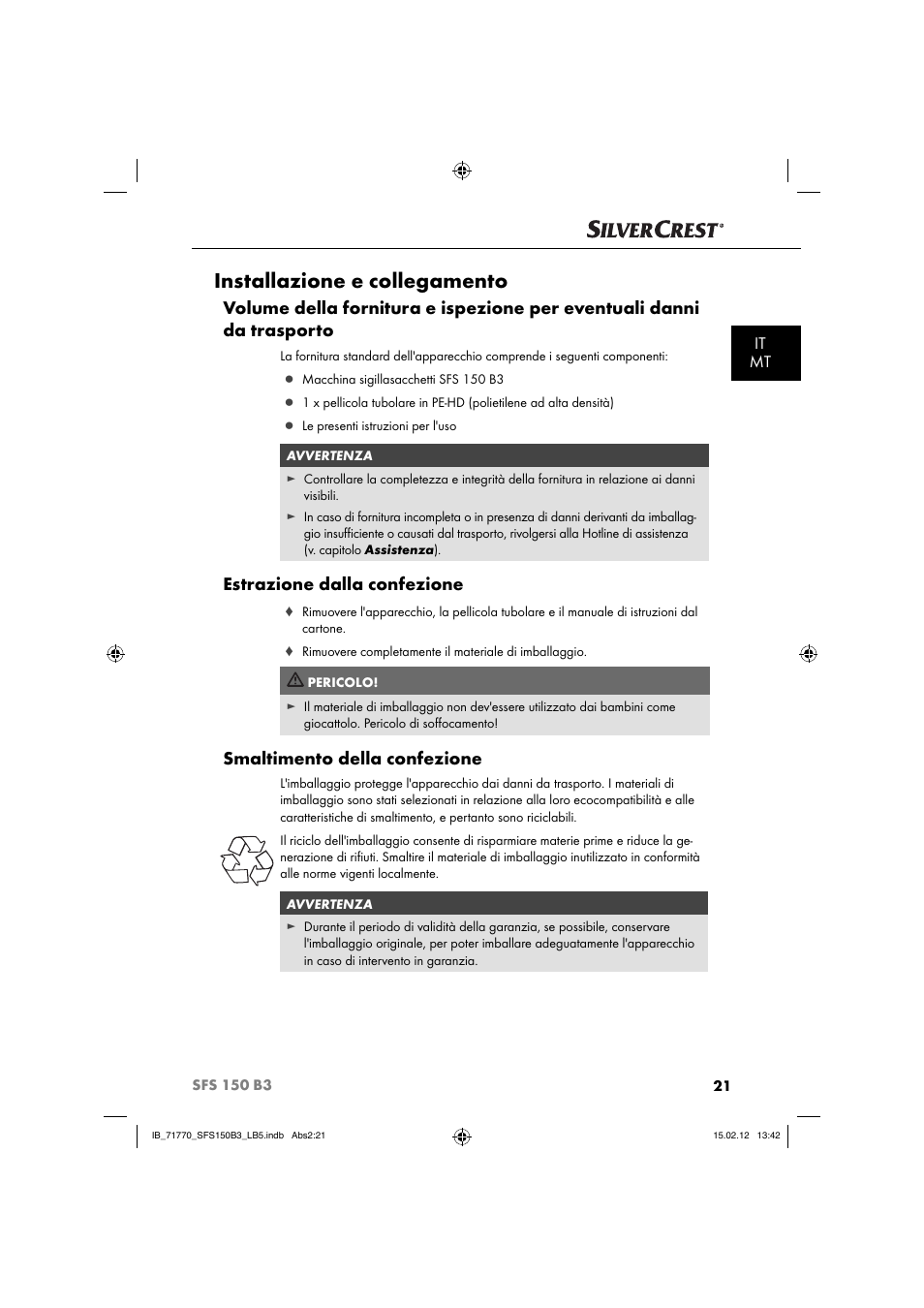 Installazione e collegamento, Estrazione dalla confezione, Smaltimento della confezione | It mt | Silvercrest SFS 150 B3 User Manual | Page 23 / 72